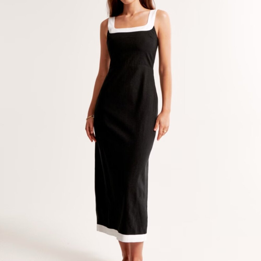Abercombie Linen-Blend Squareneck Column Midi Dress